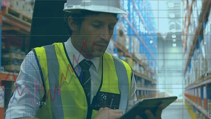 Poster - Animation of data processing over caucasian male worker using tablet in warehouse