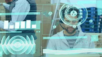 Poster - Animation of data processing over caucasian man using phone headset in warehouse