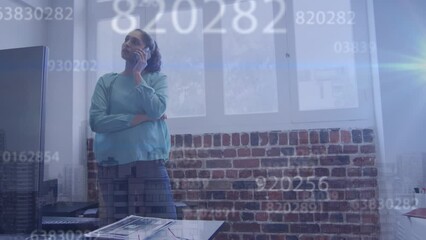Poster - Animation of number and light over caucasian woman using smartphone in office