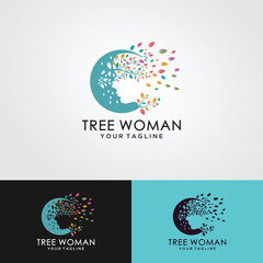  tree with female face and roots on white background, vector, Abstract Human tree logo. Unique Tree Vector illustration with circle and abstract woman shape.