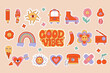 Nostalgia 70s stickers. Set of Retro groovy elements, cute cartoon positive symbols, funky hippy stickers and lettering of Good vibes, bus, rollers, funky mushroos. Vector psychedelic clipart