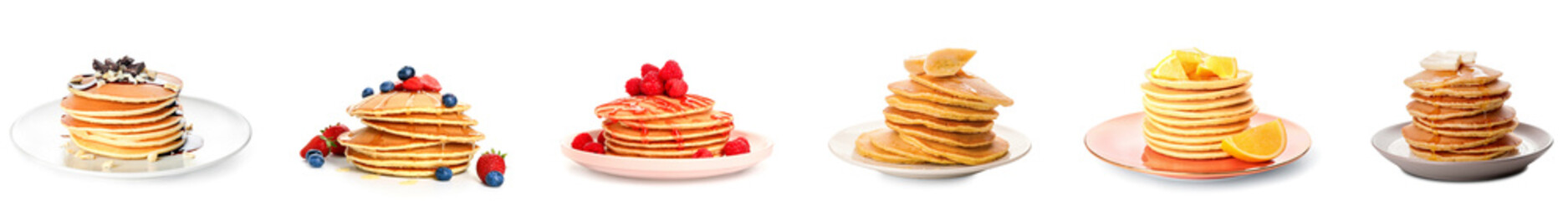 Collage of sweet pancakes on white background