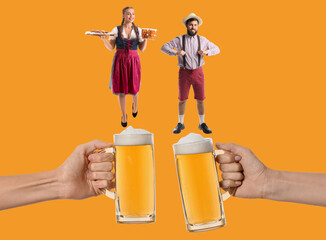 Poster - Collage with hands clinking mugs of beer and  small people in traditional German clothes on orange background