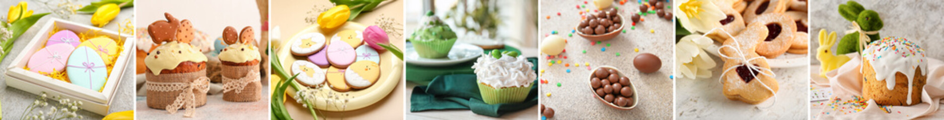 Wall Mural - Group of tasty Easter desserts on light background