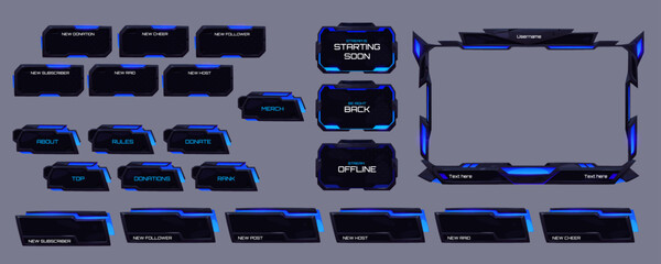 Poster - Game stream overlay, ui frame with blue neon glow. Twitch streaming screen in hi-tech futuristic style, gamer menu, user panels and buttons. Interface for esport, online live video, Cartoon vector set