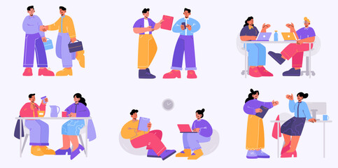 Poster - People communication in business office. Vector flat illustration of employees talk on workplace, drink coffee together, work on laptop, handshake and communicate with colleagues