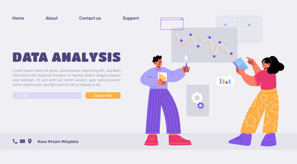 Poster - data analysis landing page, business analysts characters research information at screen with decline
