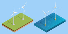 Isometric Green Energy Industry. Wind Turbines Generating Electricity Sustainable Renewable Power. Wind Turbines Farm.