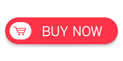 Poster - Oval red button buy now with shopping cart icon. Vector illustration.