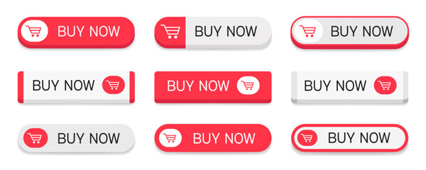 Poster - Set of red and white buttons with text buy now isolated on white background. Vector illustration.