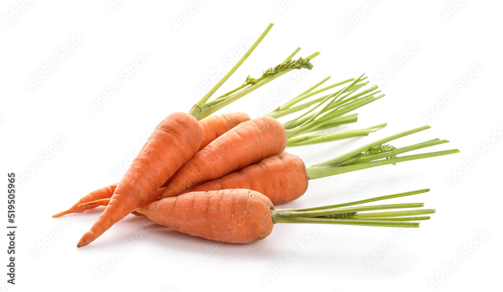 Raw fresh carrots on white background