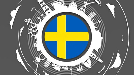 Wall Mural - Cargo port and travel relative silhouettes located around the circle. Flag of Sweden.