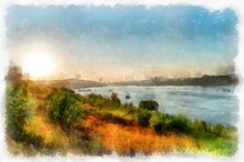 Mekong River Landscape Of Thailand Watercolor Style Illustration Impressionist Painting.