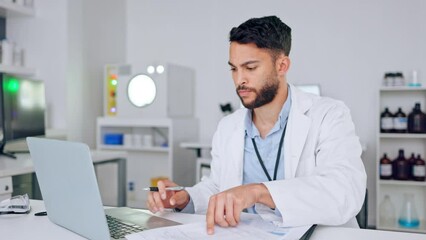 Aufkleber - Confused, annoyed and serious scientist thinking about medical research problem while working in a lab. Young chemical engineer analyzing data, doing hard work but finding it difficult to find a fix