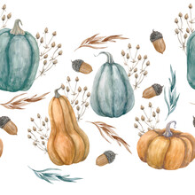 Seamless Horizontal Pattern With Pumpkins, Acorns And Grasses On A White Background. Hand-drawn Watercolor Illustration. Design Of Packaging, Textiles For Fall Festivities.
