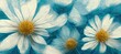 Blooming white daisies with summer sky blue pastel undertones, slightly abstract flowers and imaginative composition with out of focus soft bokeh blur. Digital painting still life.