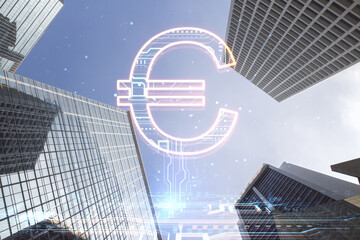 Poster - Creative glowing euro sign hologram on blurry city buildings background. Online banking, technology and currency concept. Double exposure.