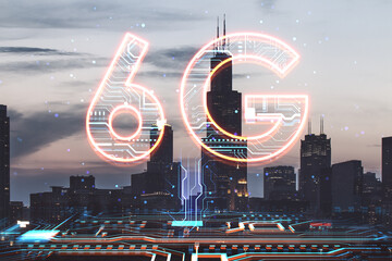 Poster - Creative 6G hologram on blurry night city background. Speed, internet and technology, communication concept. Double exposure.