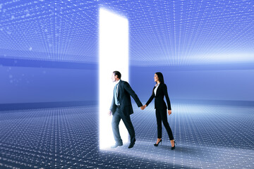 Young businessman and woman walking into metaverse world on glowing background. Meta, technology and innovation concept.