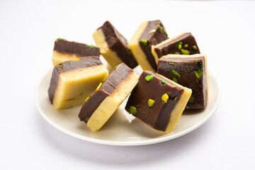 Choco Vanilla Pateesa or chocolate mawa barfi or or two layered burfi, Indian sweet or dessert