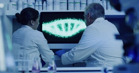 Aufkleber - Team of laboratory scientists discussing DNA structure on computer screen and searching for genetic breakthrough cure or mutation. Biochemical engineers talking in medical research on monkeypox virus