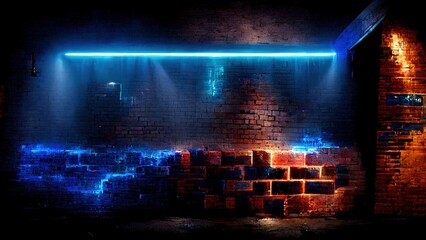 Poster - Brick wall illuminated with blue neon light in cyberpunk style photorealistic, cinematic lighting. Neon shapes on a dark brick wall.