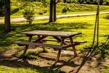 Wooden Picnic Table Under The Shade Of The Trees In The Countryside