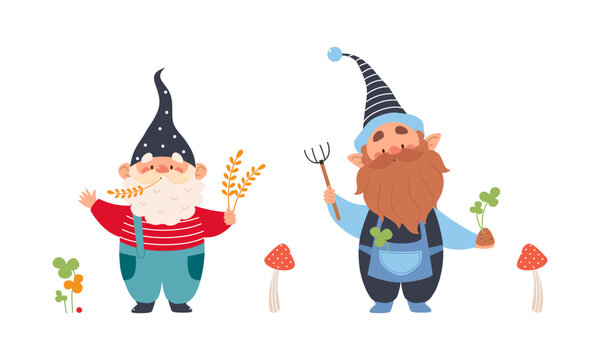 Set of garden gnomes. Cute dwarfs fairy tale characters cartoon vector illustration
