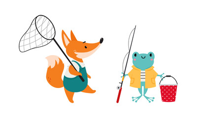 Sticker - Cute forest animals hiking and camping on nature set. Fox cub walking with butterfly catching net and frog with fishing rod cartoon vector illustration