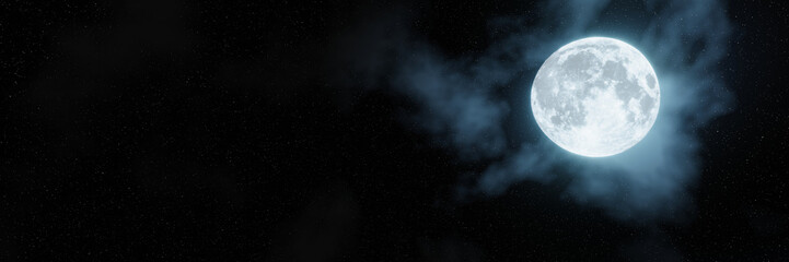 Wall Mural - full moon shining halo a few white clouds float in the night sky. full moon night with twinkling sta
