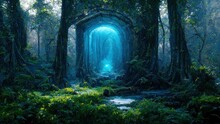 A Magical, Fantastic Dense Green Forest. A Blue Portal Is Visible Between The Trees. Fabulous Illustration.