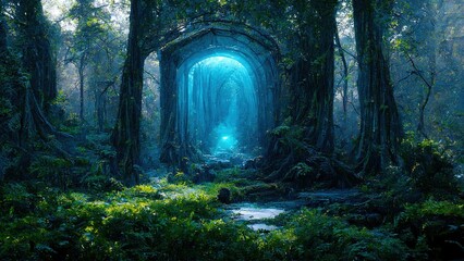 Poster - A magical, fantastic dense green forest. A blue portal is visible between the trees. Fabulous illustration.