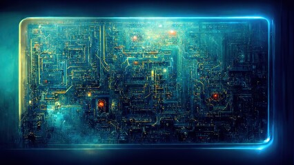 Poster - AI. The printed circuit board. Technological education. Concept of central computer processor CPU. The digital chip of the motherboard. Technological illustration with blue chip lines, close-up view
