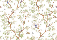 Camellia Blossom Tree With Sparrow, Finches, Butterflies, Dragonflies. Seamless Pattern, Background. Vector Illustration. Chinoiserie, Traditional Oriental Botanical Motif.