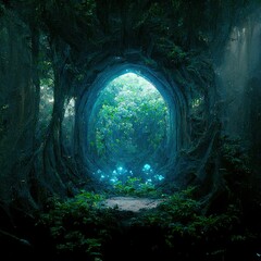 Poster - The path through the charming fabulous view of the dense forest is a fantastic green road.