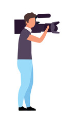 Poster - Cameraman with equipment semi flat color vector character. Film crew. Standing figure. Full body person on white. Video content simple cartoon style illustration for web graphic design and animation