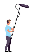 Poster - Assistant holding microphone semi flat color vector character. Standing figure. Full body person on white. Audio and sound simple cartoon style illustration for web graphic design and animation