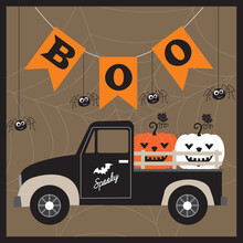Happy Halloween Card With Pumpkin On The Car