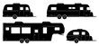 Camping trailers silhouette on white background. RV icons set view from side.