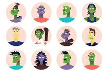 Zombie People Avatars Isolated Set. Undead Men And Women With Different Spooky Monster Face Looks. Portraits Of Female And Male Mascots. Vector Illustration With Characters In Flat Cartoon Design