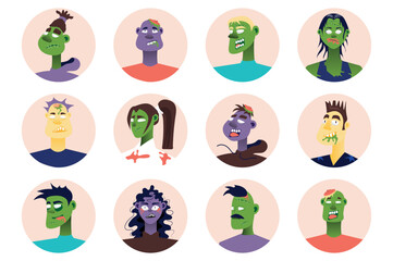 Zombie people avatars isolated set. Undead men and women with different spooky monster face looks. Portraits of female and male mascots. Vector illustration with characters in flat cartoon design