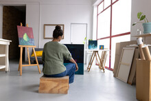 Image Of Back View Of Biracial Female Artist Working In Studio