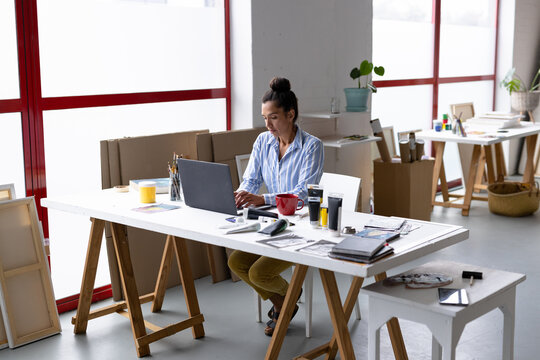 Image of biracial female artist using computer and doing business work in studio