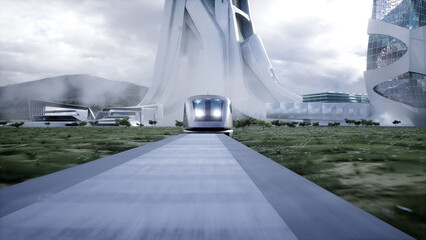 Wall Mural - Futuristic train very fast driving. Futuristic city concept. 3d rendering.