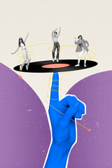 Sticker - magazine collage banner of small youngsters people dancing on huge vinyl disc spinning finger isolat