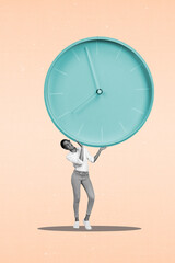 Poster - Banner collage of guy lady holding huge clock stopwatch deadline ending reminder isolated drawing background