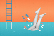 Pop Collage Of Human Person Dive Underwater In Swimming Pool Isolated On Orange Draw Color Background