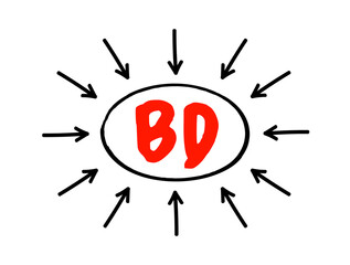 Aufkleber - BD - Business Development entails tasks and processes to develop and implement growth opportunities within and between organizations, acronym concept with arrows