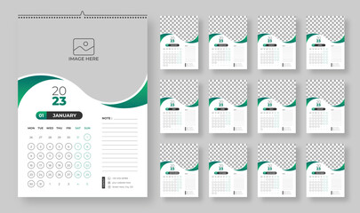 Calendar 2023, week start Monday corporate design planner template.