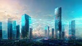 Smart city and IoT (Internet of Things) concept. ICT. Modern buildings. Blue city information and communication technologies.